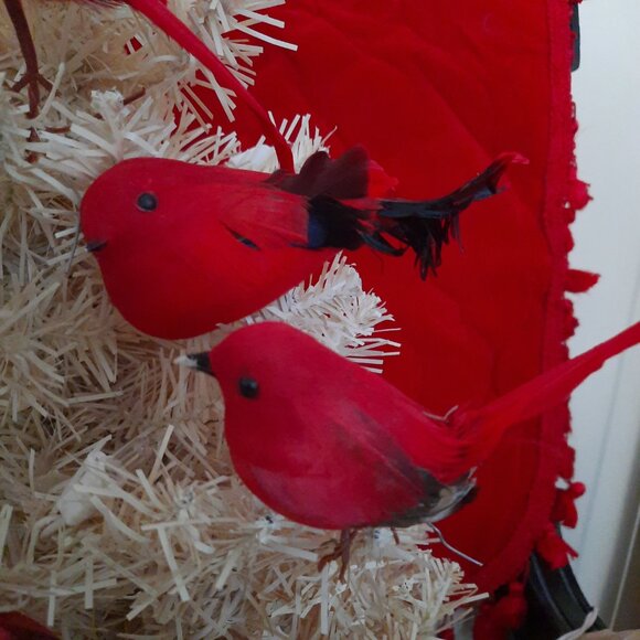 12 Vintage Feathered Red Bird Christmas Tree Decorations - Picture 6 of 8